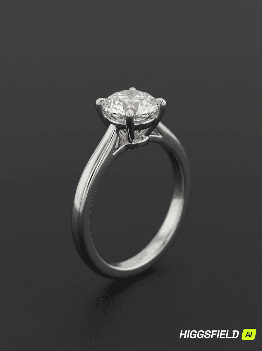Round brilliant diamond solitaire ring with a four-prong cathedral setting, shown at an angle