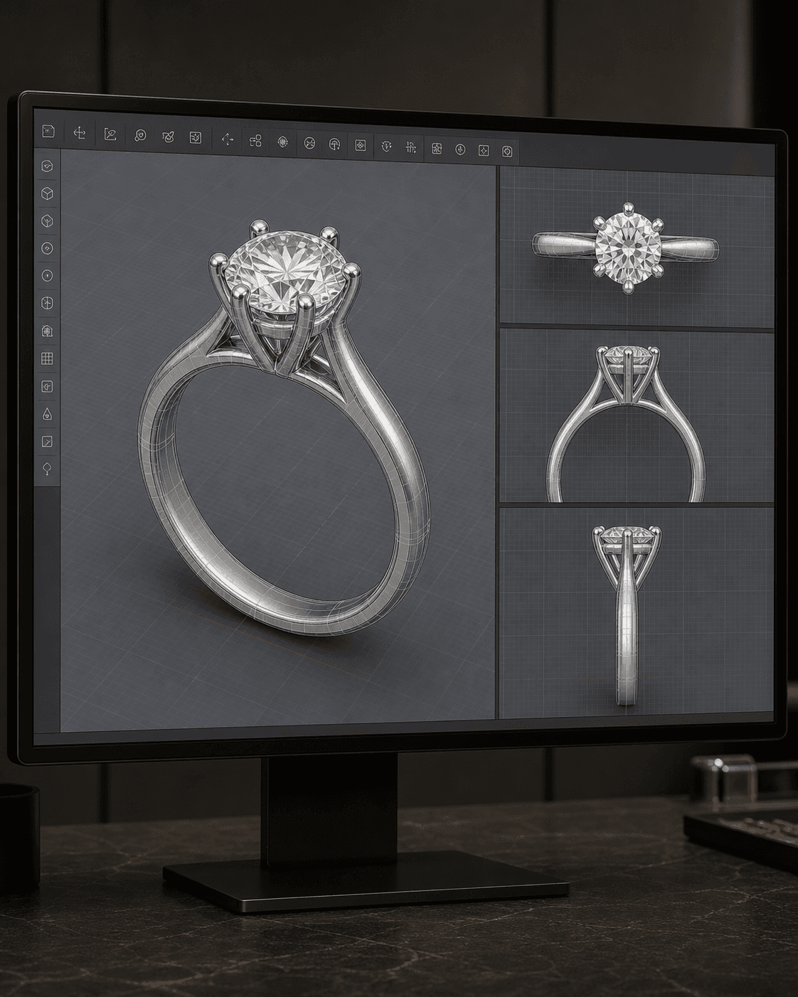 Computer monitor showing a diamond ring CAD model in multiple views inside professional 3D design software