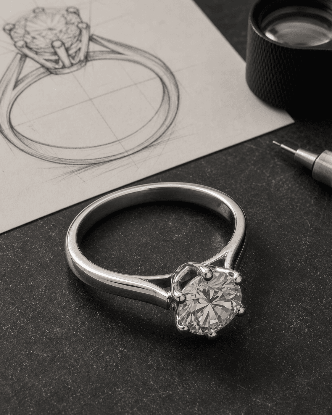 Finished diamond solitaire ring on a dark work surface, with a hand-drawn ring sketch and jeweler’s loupe behind it